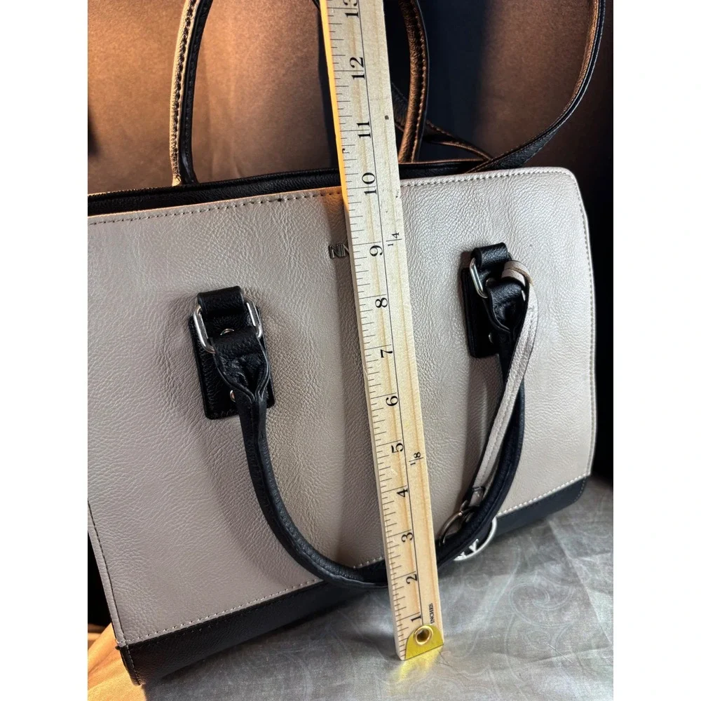 Nine West Black Cream Two Tone Satchel Handbag Silver Hardware Shoulder Bag